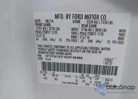 2014 Ford F-150 Xlt z USA, uszkodzony, nr VIN 1FTFW1EF1EKF45468